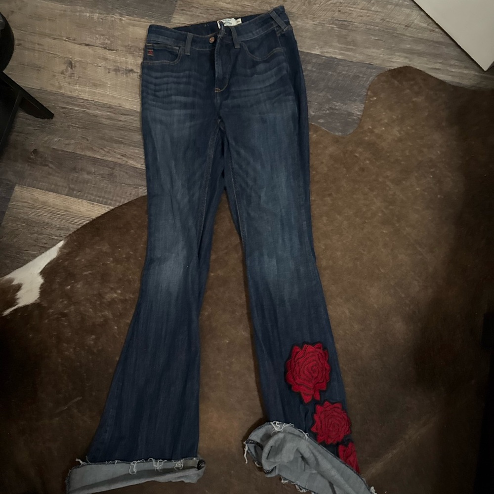 Women's Blue Jeans with Red Floral Embroidery
